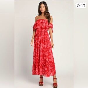 Floral Off-Shoulder Red Dress